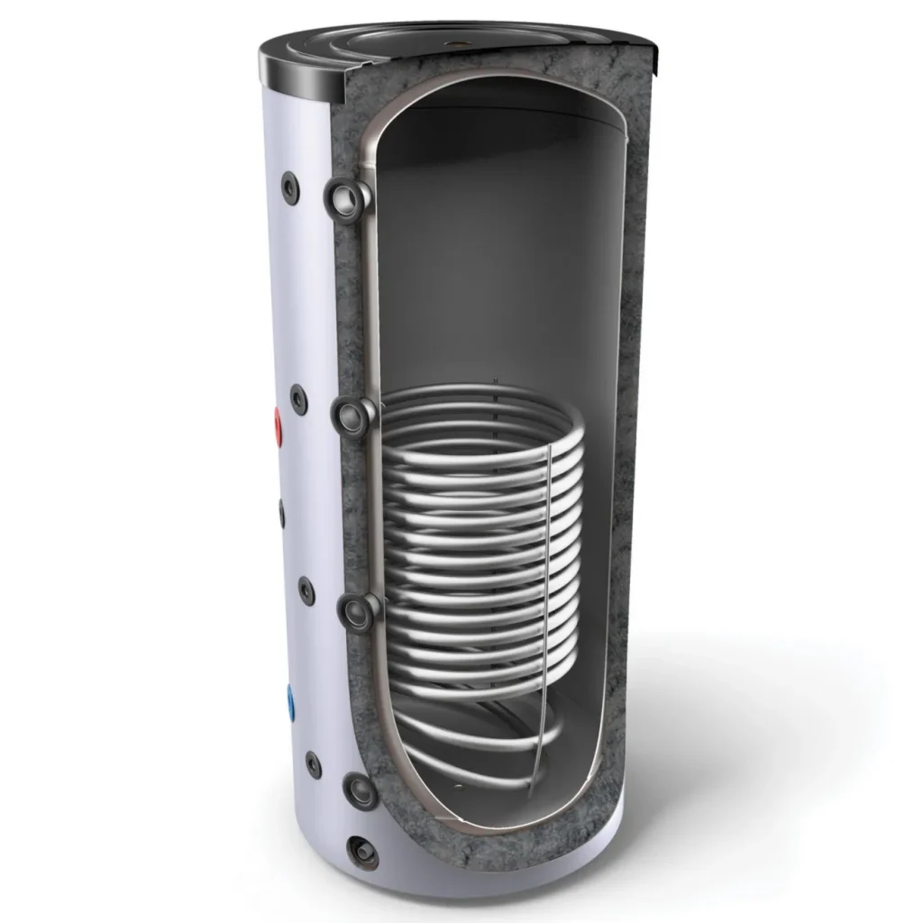 3D-Schnittmodell eines Pufferspeichers für Wärmepumpen mit sichtbarem Wärmetauscher und Isolierung – Experten-Planung durch Energieberater De Gauß