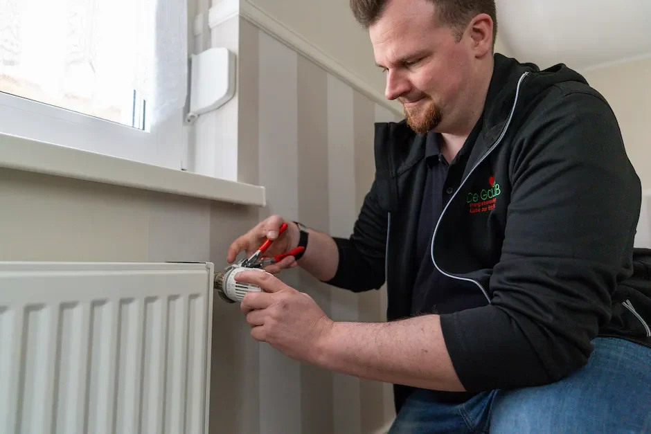 Dennis Gauß, SHK-Meister und Energieberater aus Mainz, installiert ein Thermostat am Heizkörper. Ein Beispielfoto für das Glossar zu Fachbeg