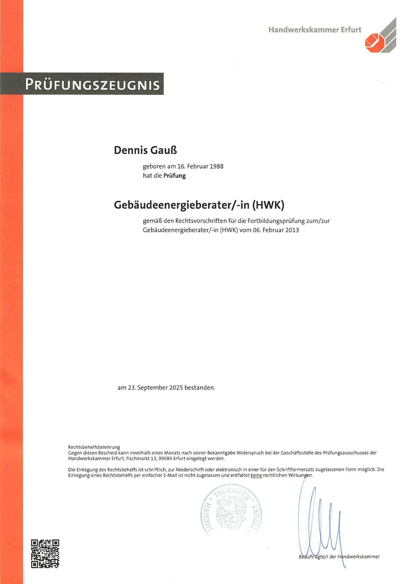 Gebäudeenergieberater-Dennis-Gauß-Prüfungszeugnis Prüfungszeugnis als Gebäudeenergieberater des Handwerks Dennis Gauß