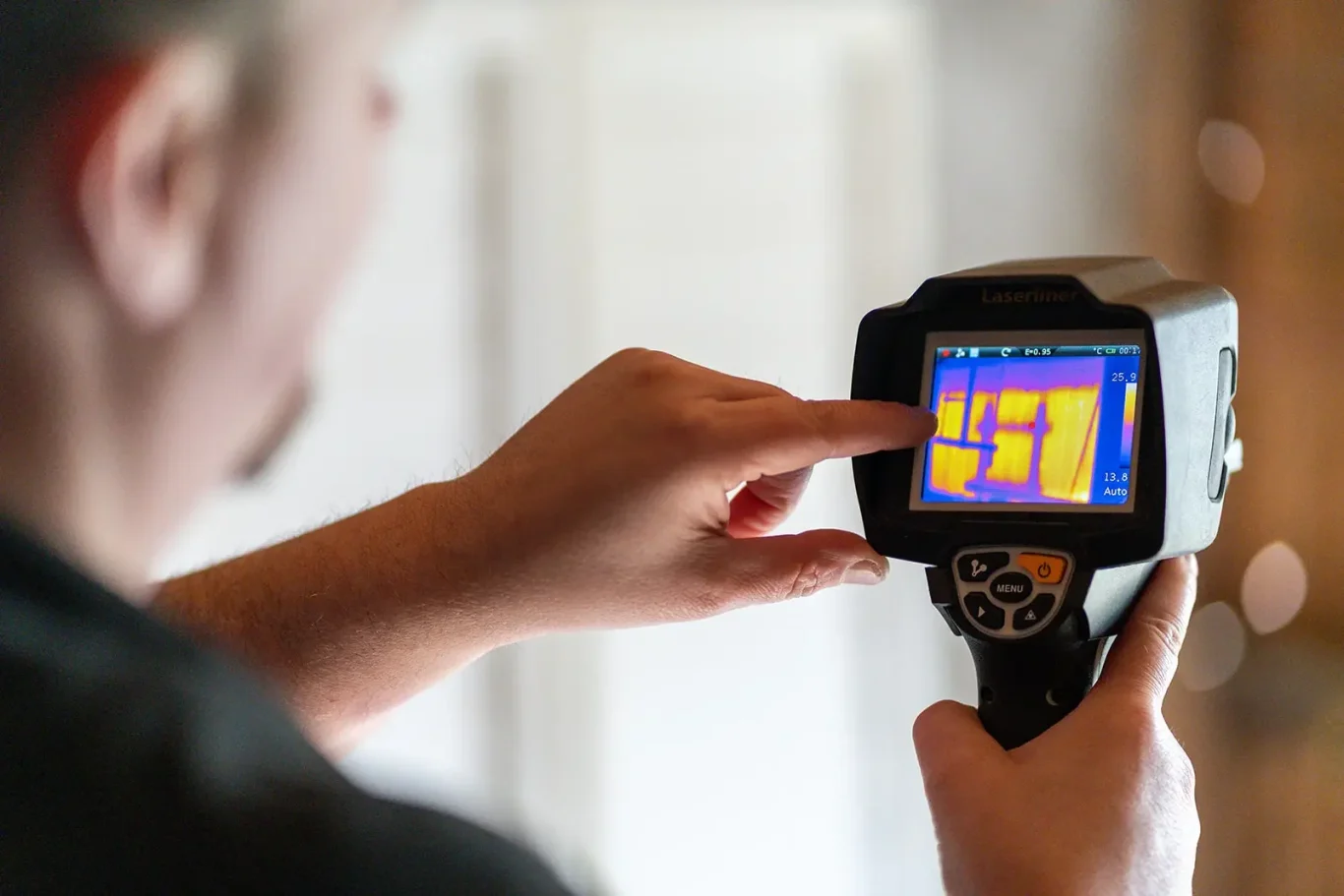 Nahaufnahme einer Wärmebildkamera während einer Energieberatung in Mainz, die Wärmebrücken an einer Wand farblich darstellt.